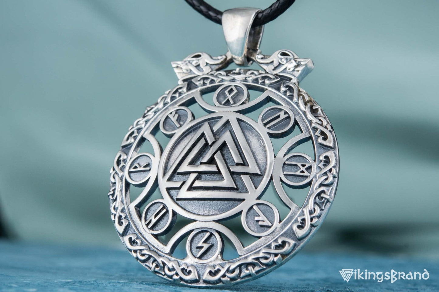 Valknut Vikings Symbol Pendant with Viking Runes Ornament Sterling Silver Jewelry