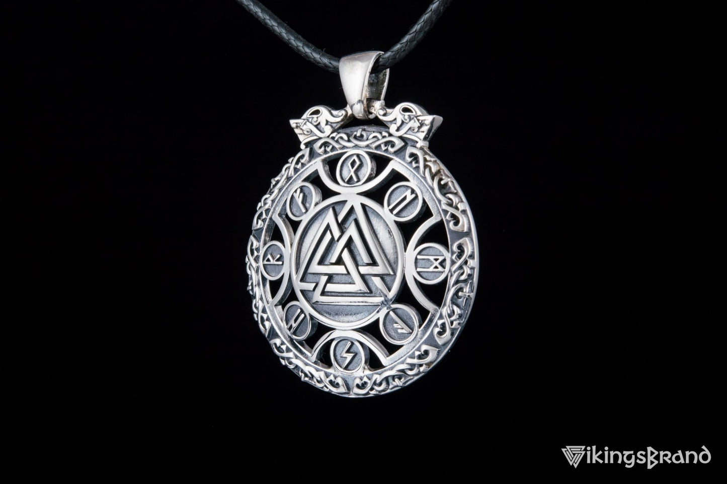 Valknut Vikings Symbol Pendant with Viking Runes Ornament Sterling Silver Jewelry