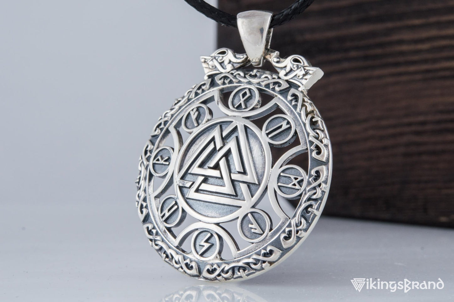 Valknut Vikings Symbol Pendant with Viking Runes Ornament Sterling Silver Jewelry