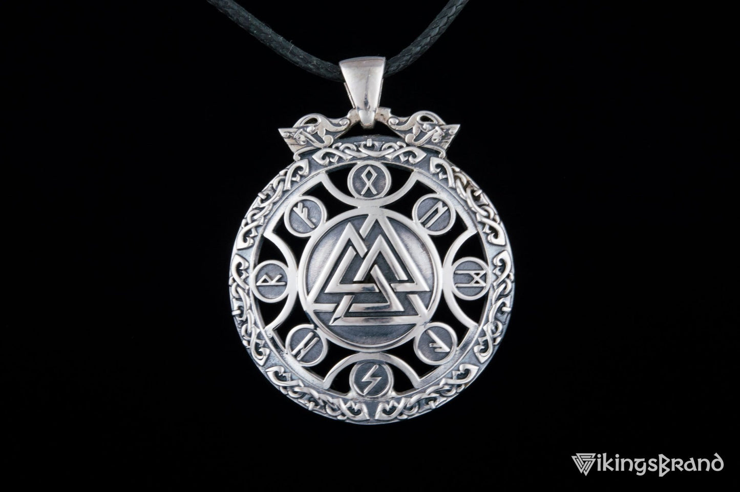 Valknut Vikings Symbol Pendant with Viking Runes Ornament Sterling Silver Jewelry