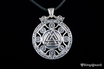 Valknut Vikings Symbol Pendant with Viking Runes Ornament Sterling Silver Jewelry