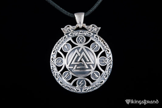 Valknut Vikings Symbol Pendant with Viking Runes Ornament Sterling Silver Jewelry