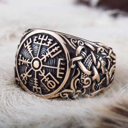 Vegvisir Symbol with Mammen Style Handcrafted Bronze Viking Ring