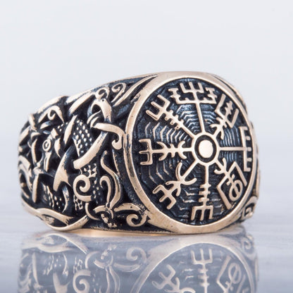 Vegvisir Symbol with Mammen Style Handcrafted Bronze Viking Ring