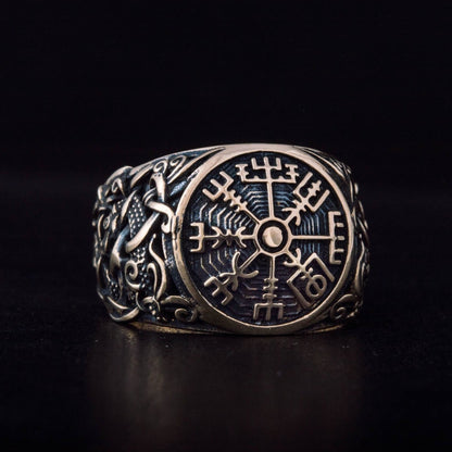 Vegvisir Symbol with Mammen Style Handcrafted Bronze Viking Ring