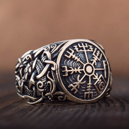 Vegvisir Symbol with Mammen Style Handcrafted Bronze Viking Ring