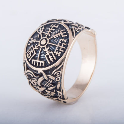 Vegvisir Symbol with Mammen Style Handcrafted Bronze Viking Ring