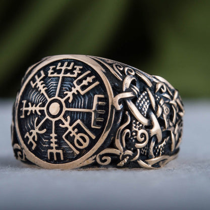Vegvisir Symbol with Mammen Style Handcrafted Bronze Viking Ring
