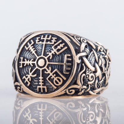 Vegvisir Symbol with Mammen Style Handcrafted Bronze Viking Ring