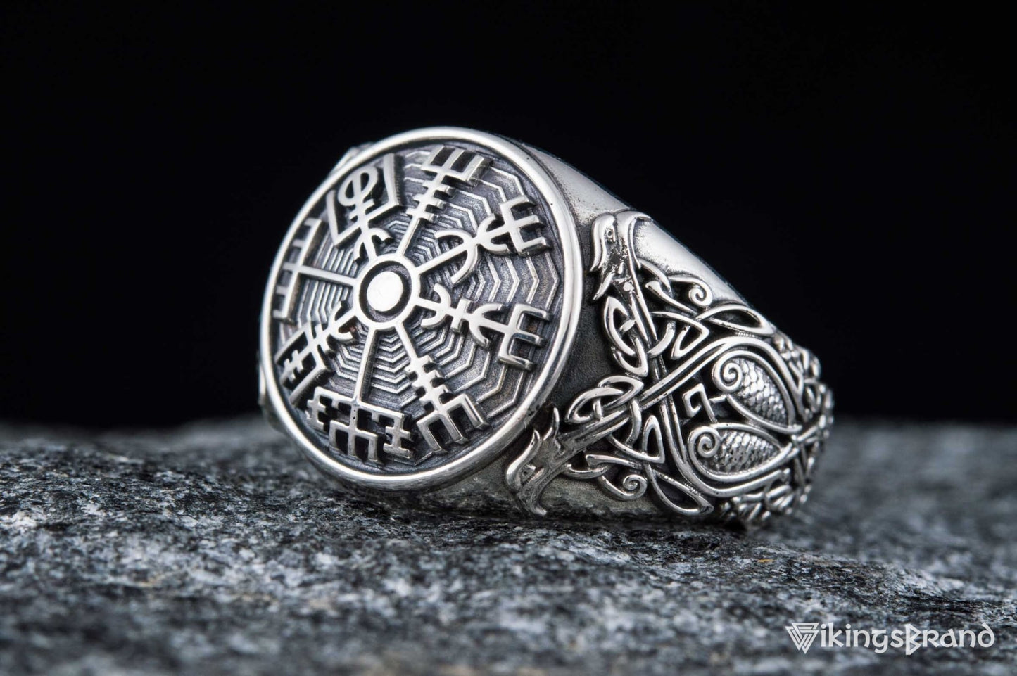 Vegvisir Viking Symbol Ring with Scandinavian Style Ornament Sterling Silver Jewelry