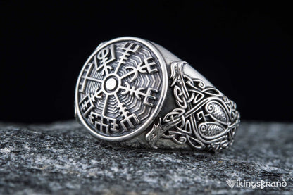 Vegvisir Viking Symbol Ring with Scandinavian Style Ornament Sterling Silver Jewelry