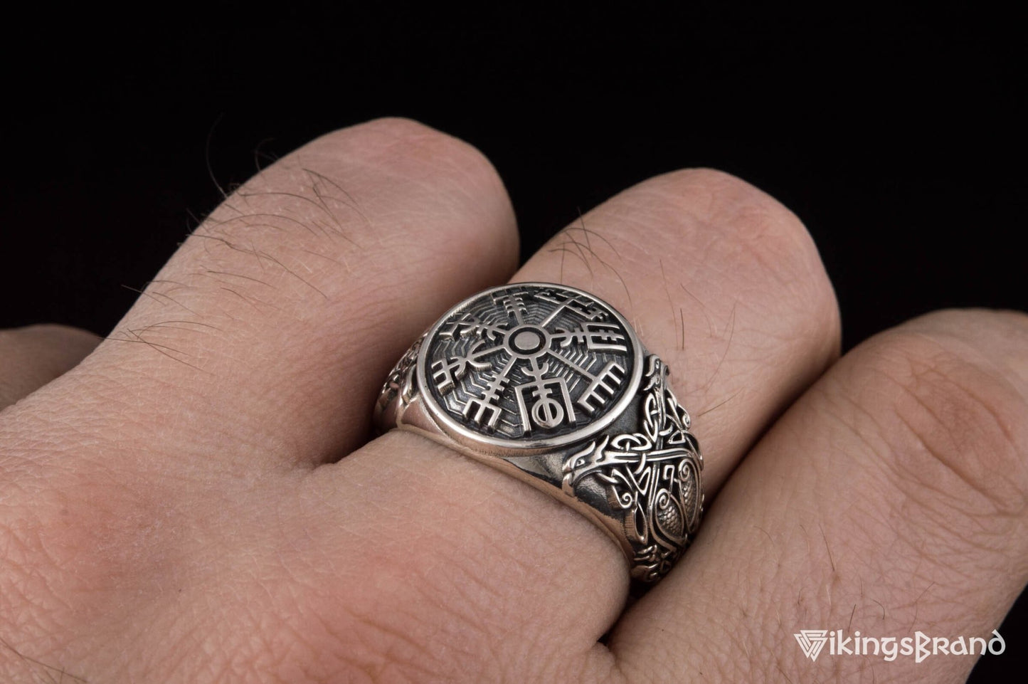 Vegvisir Viking Symbol Ring with Scandinavian Style Ornament Sterling Silver Jewelry