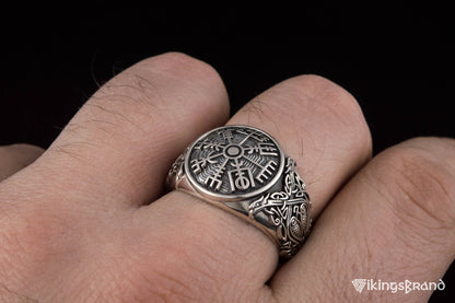 Vegvisir Viking Symbol Ring with Scandinavian Style Ornament Sterling Silver Jewelry