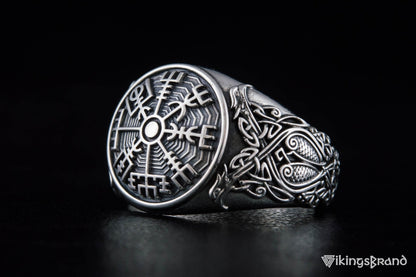 Vegvisir Viking Symbol Ring with Scandinavian Style Ornament Sterling Silver Jewelry