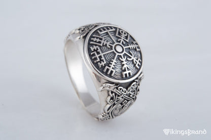 Vegvisir Viking Symbol Ring with Scandinavian Style Ornament Sterling Silver Jewelry