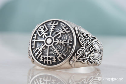 Vegvisir Viking Symbol Ring with Scandinavian Style Ornament Sterling Silver Jewelry