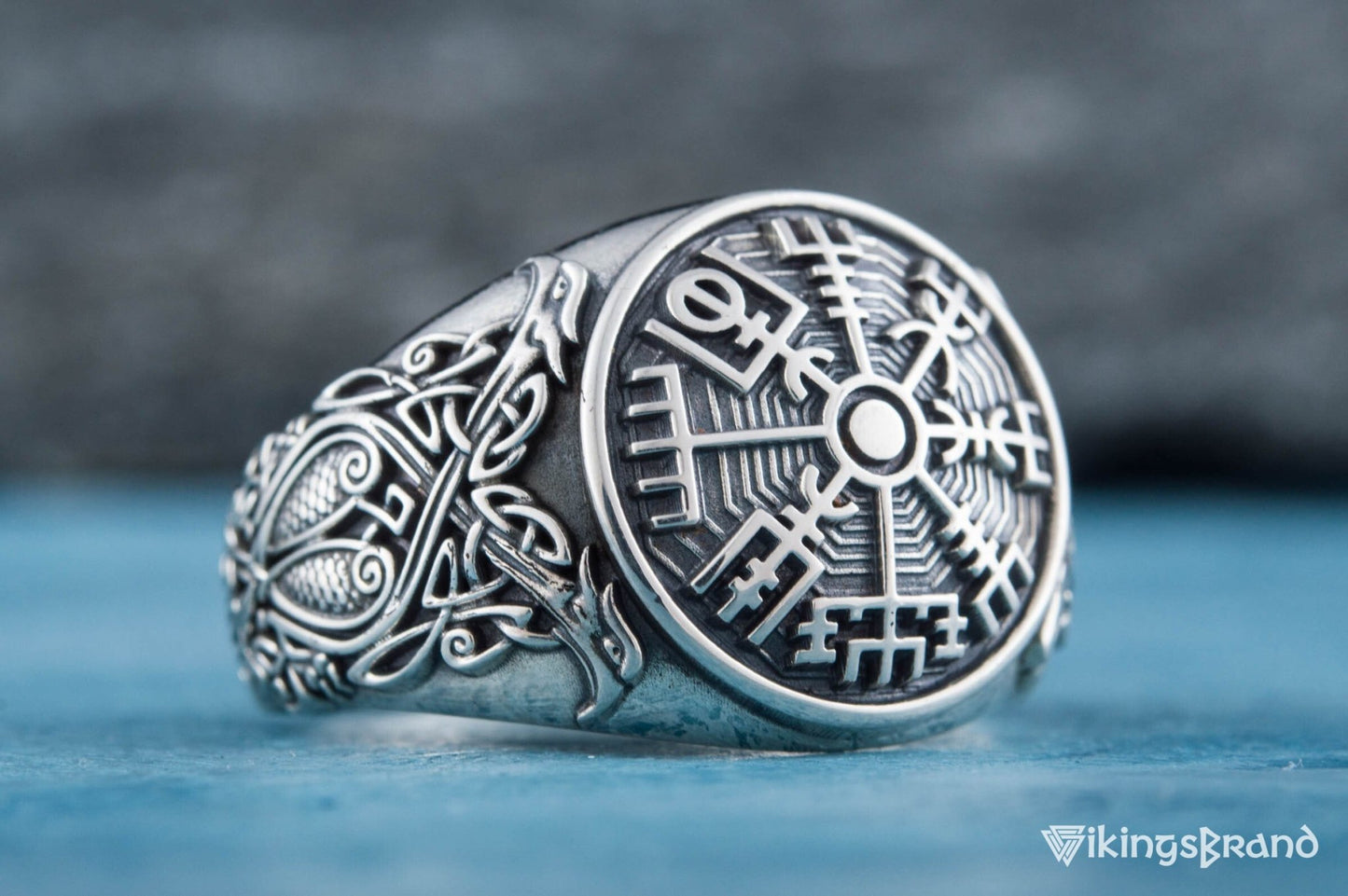 Vegvisir Viking Symbol Ring with Scandinavian Style Ornament Sterling Silver Jewelry
