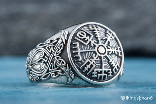 Vegvisir Viking Symbol Ring with Scandinavian Style Ornament Sterling Silver Jewelry