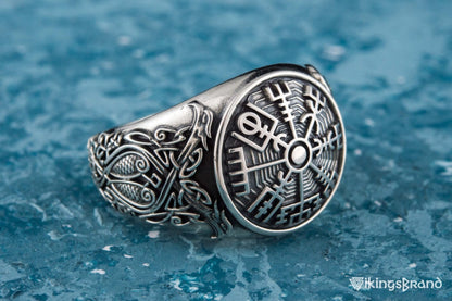 Vegvisir Viking Symbol Ring with Scandinavian Style Ornament Sterling Silver Jewelry