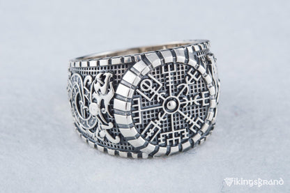 Vegvisir Viking Symbol Ring with Viking Style Ornament Sterling Silver Jewelry