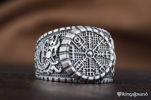 Vegvisir Viking Symbol Ring with Viking Style Ornament Sterling Silver Jewelry