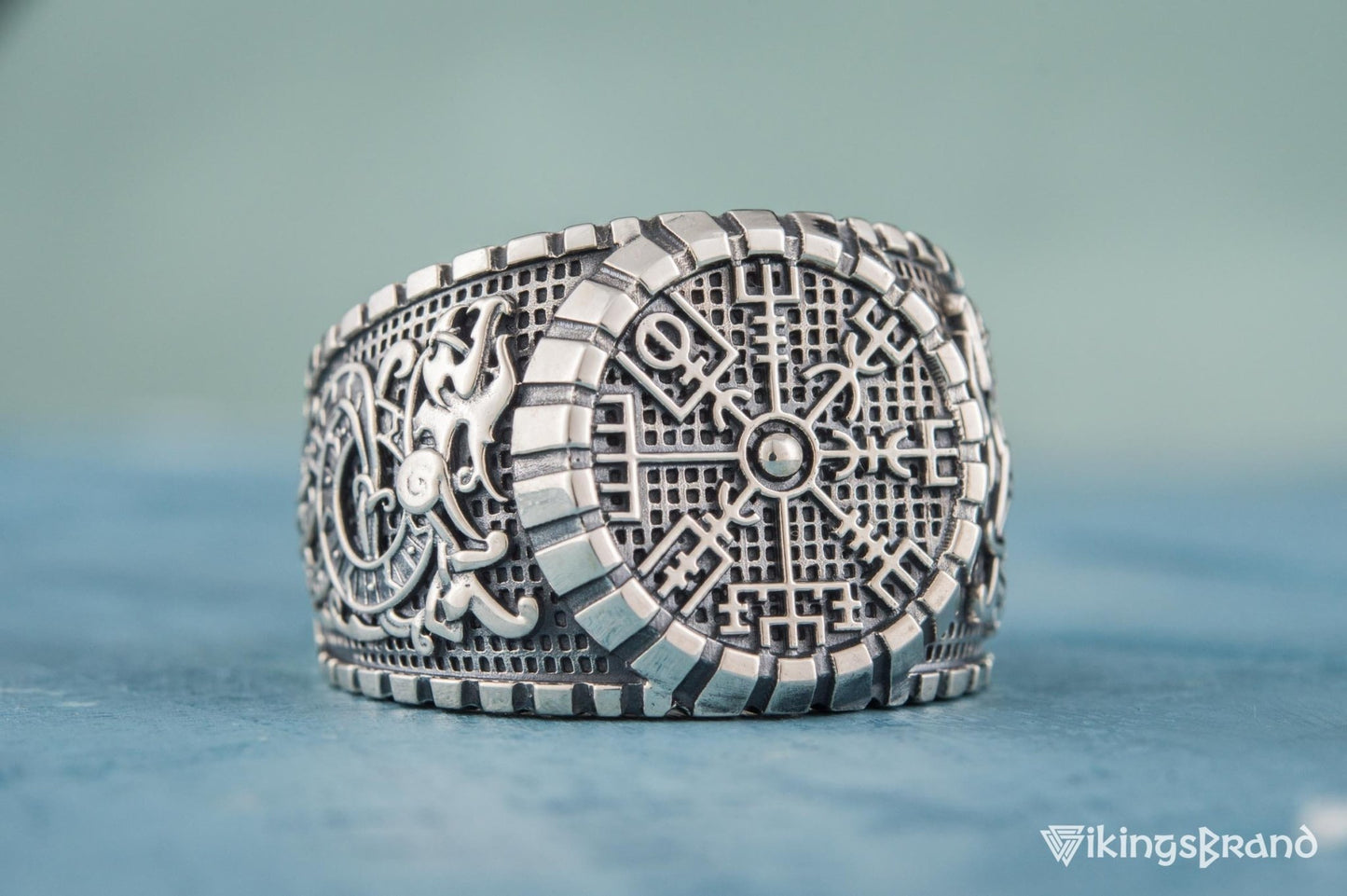 Vegvisir Viking Symbol Ring with Viking Style Ornament Sterling Silver Jewelry