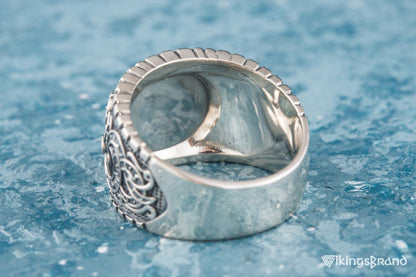Vegvisir Viking Symbol Ring with Viking Style Ornament Sterling Silver Jewelry