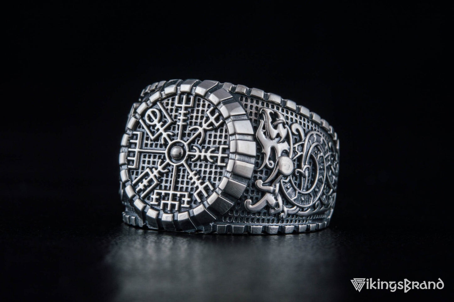 Vegvisir Viking Symbol Ring with Viking Style Ornament Sterling Silver Jewelry