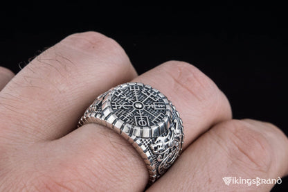 Vegvisir Viking Symbol Ring with Viking Style Ornament Sterling Silver Jewelry