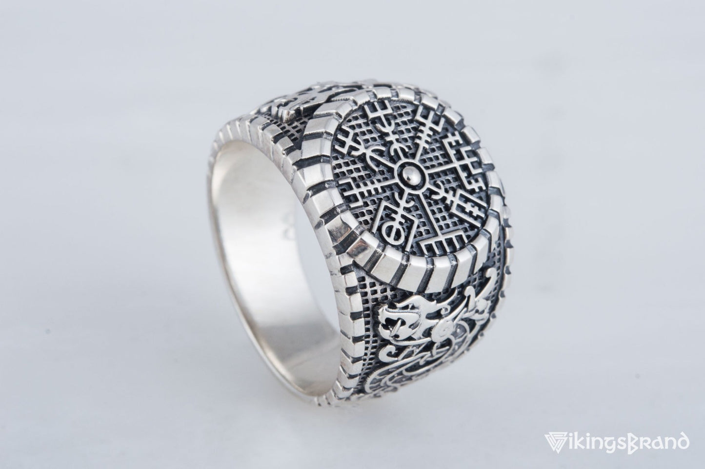 Vegvisir Viking Symbol Ring with Viking Style Ornament Sterling Silver Jewelry