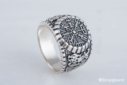 Vegvisir Viking Symbol Ring with Viking Style Ornament Sterling Silver Jewelry