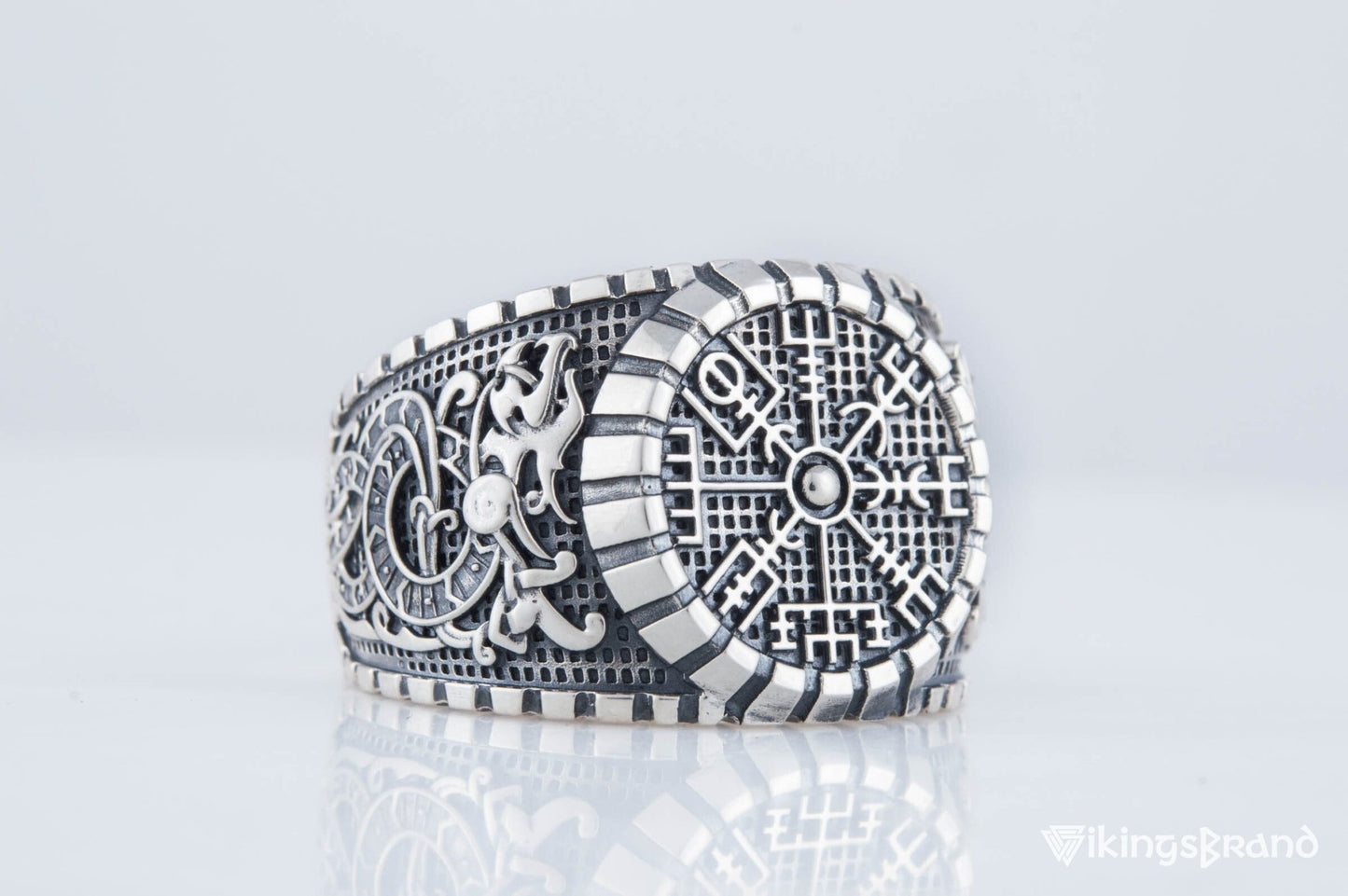Vegvisir Viking Symbol Ring with Viking Style Ornament Sterling Silver Jewelry