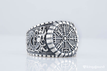 Vegvisir Viking Symbol Ring with Viking Style Ornament Sterling Silver Jewelry
