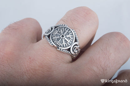 Vegvisir Viking Symbol with Viking Ornament Sterling Silver Handmade Jewelry