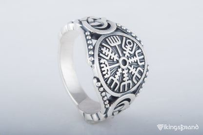 Vegvisir Viking Symbol with Viking Ornament Sterling Silver Handmade Jewelry