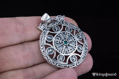 Vegvisir Vikings Symbol Pendant with Viking Runes Ornament Sterling Silver Jewelry
