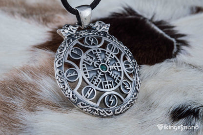 Vegvisir Vikings Symbol Pendant with Viking Runes Ornament Sterling Silver Jewelry