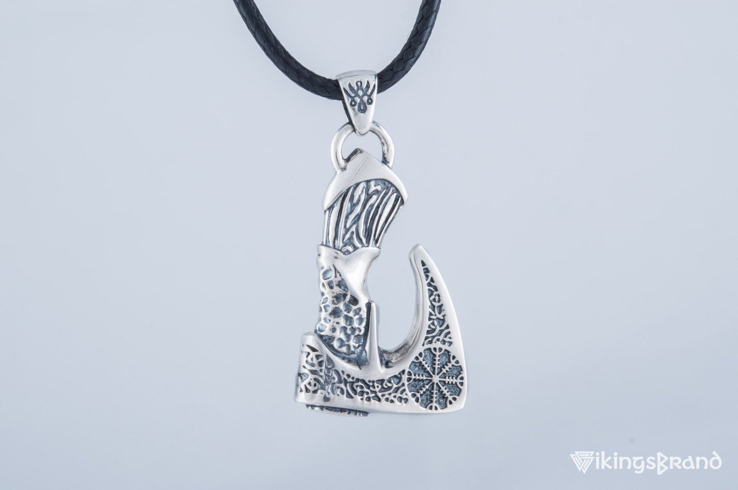 Viking Axe Pendant with Helm of Awe Viking Symbol and Norse Ornament Sterling Silver Viking Jewelry
