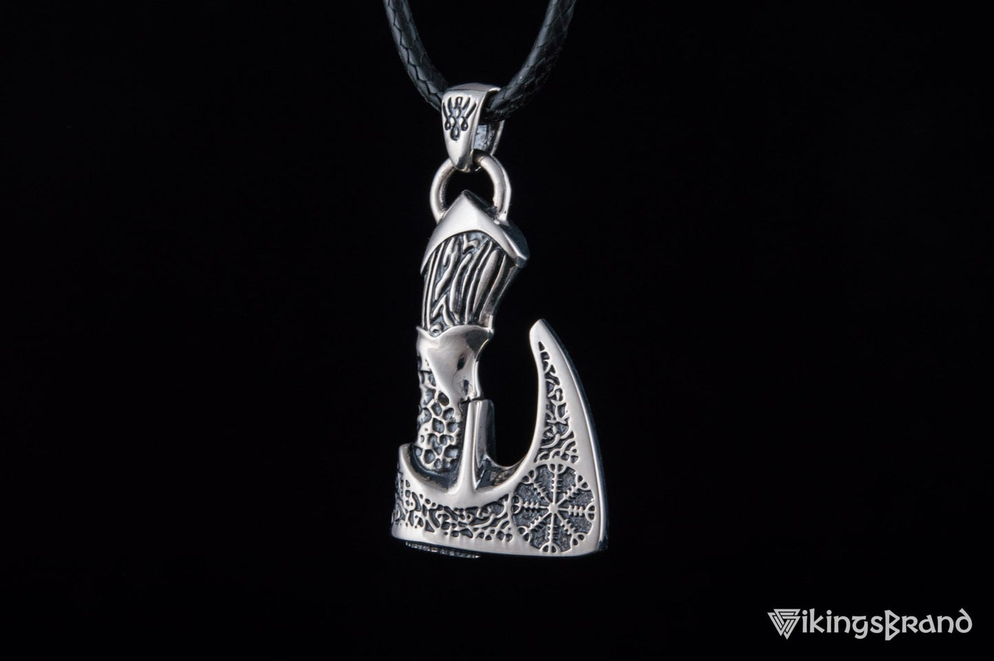 Viking Axe Pendant with Helm of Awe Viking Symbol and Norse Ornament Sterling Silver Viking Jewelry