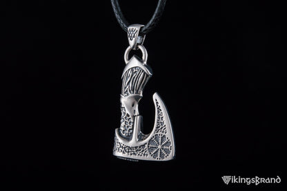 Viking Axe Pendant with Helm of Awe Viking Symbol and Norse Ornament Sterling Silver Viking Jewelry