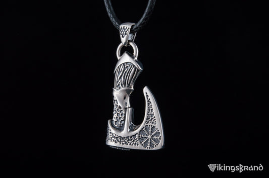 Viking Axe Pendant with Helm of Awe Viking Symbol and Norse Ornament Sterling Silver Viking Jewelry