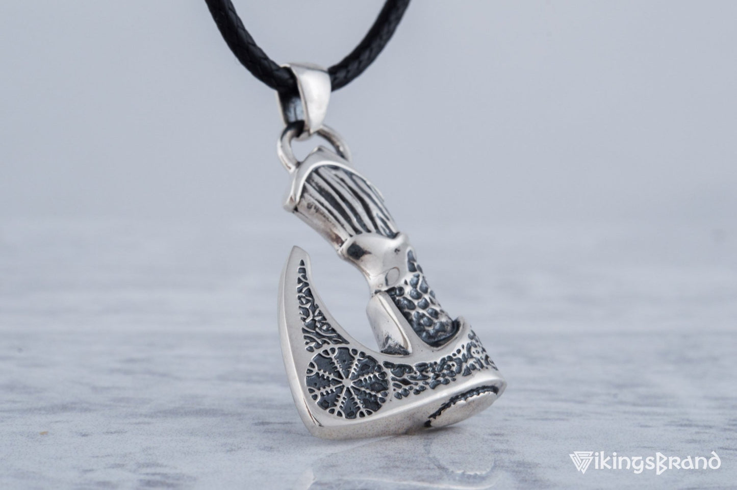 Viking Axe Pendant with Helm of Awe Viking Symbol and Norse Ornament Sterling Silver Viking Jewelry