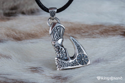 Viking Axe Pendant with Helm of Awe Viking Symbol and Norse Ornament Sterling Silver Viking Jewelry