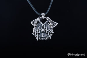Crossed Viking Axes and shield pendant, sterling silver