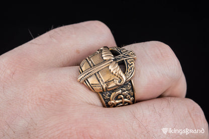 Viking Bronze Helmet Ring with Ornament Unique Vikings Jewelry