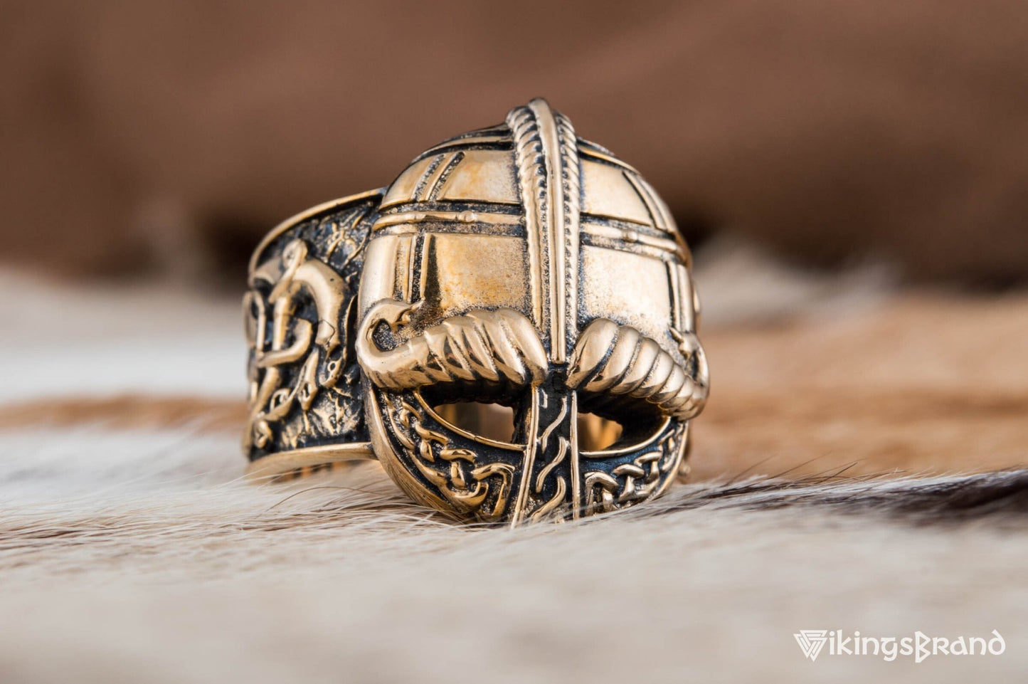Viking Bronze Helmet Ring with Ornament Unique Vikings Jewelry