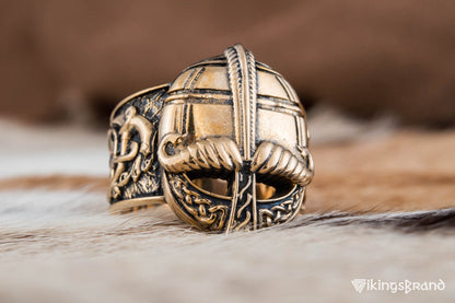 Viking Bronze Helmet Ring with Ornament Unique Vikings Jewelry