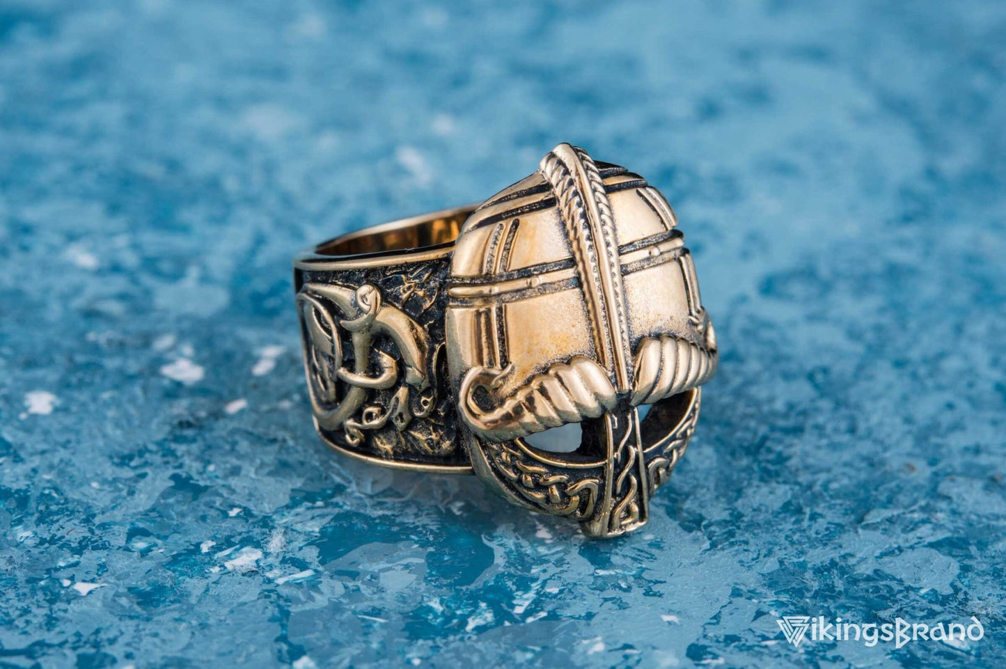 Viking Bronze Helmet Ring with Ornament Unique Vikings Jewelry