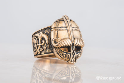 Viking Bronze Helmet Ring with Ornament Unique Vikings Jewelry