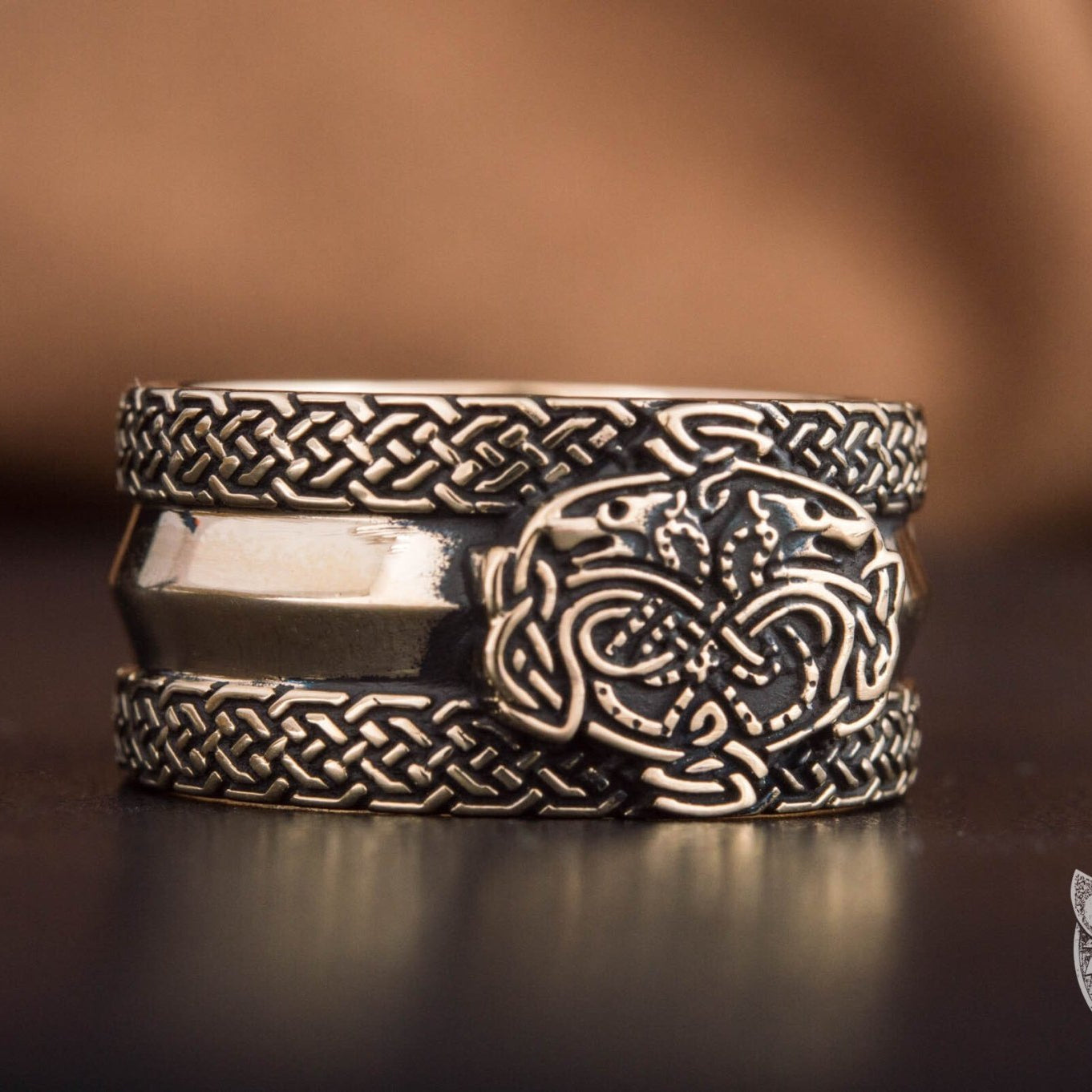 Viking Bronze Ring with Wolves and Norse Ornaments